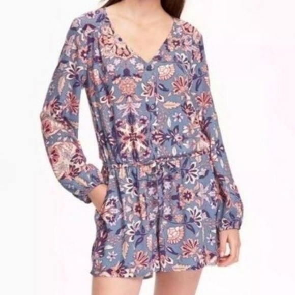 Old Navy Long Sleeve Blue Floral Romper w/ Pockets Women's Medium M Tie Waist - Picture 2 of 13